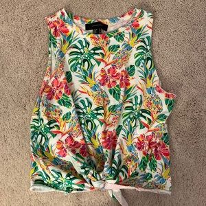 Atmosphere tropical print tie-front crop tank